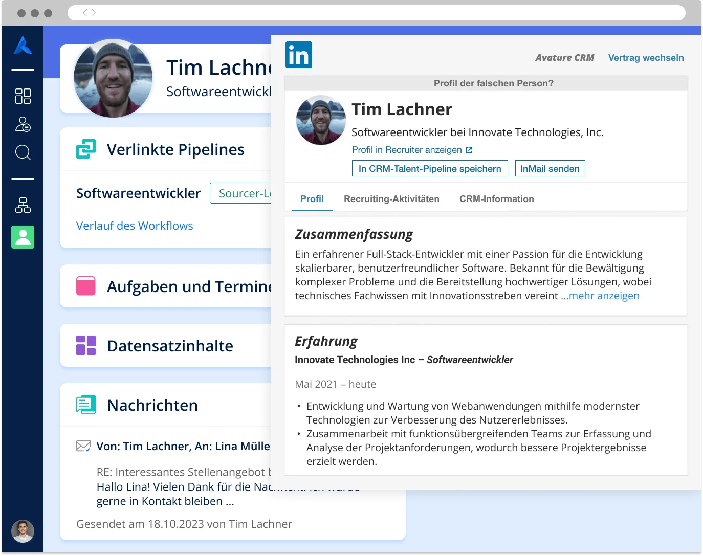 Screenshot der Avature-Integration LinkedIn CRM Connect