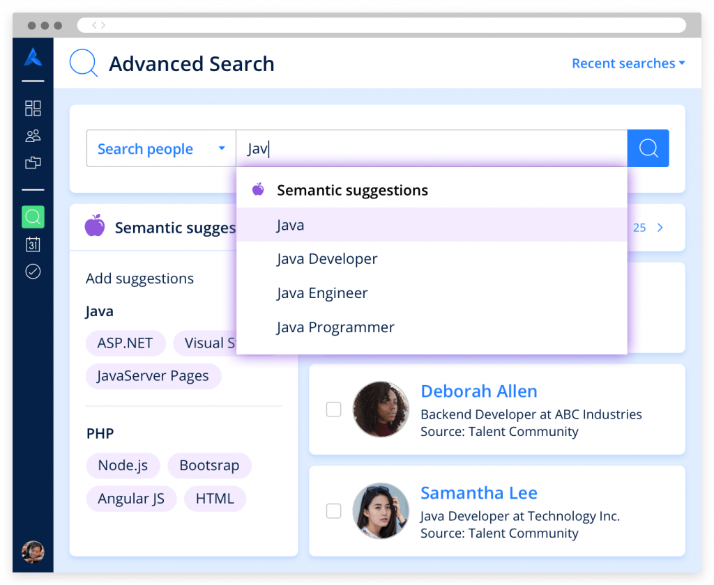 Avature's advanced search feature, displaying semantic suggestions as the user types keywords and showing candidate results.