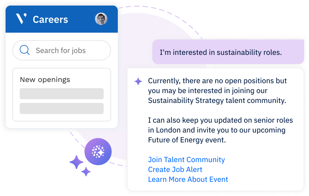 Avature candidate agent example showing a careers page and conversational assistant recommending a sustainability talent community, job alerts, and an upcoming energy event.