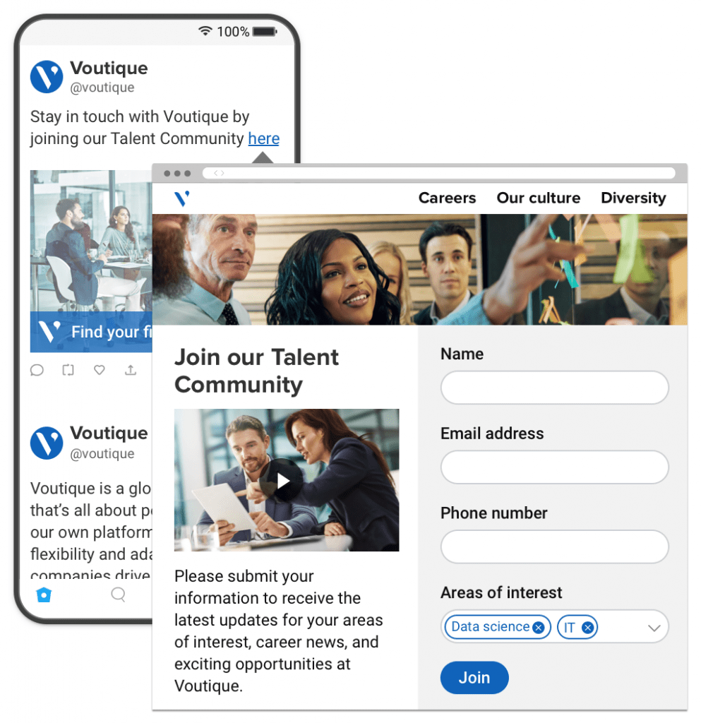 A microsite where users can join a talent community and a mobile device displaying company Twitter posts.