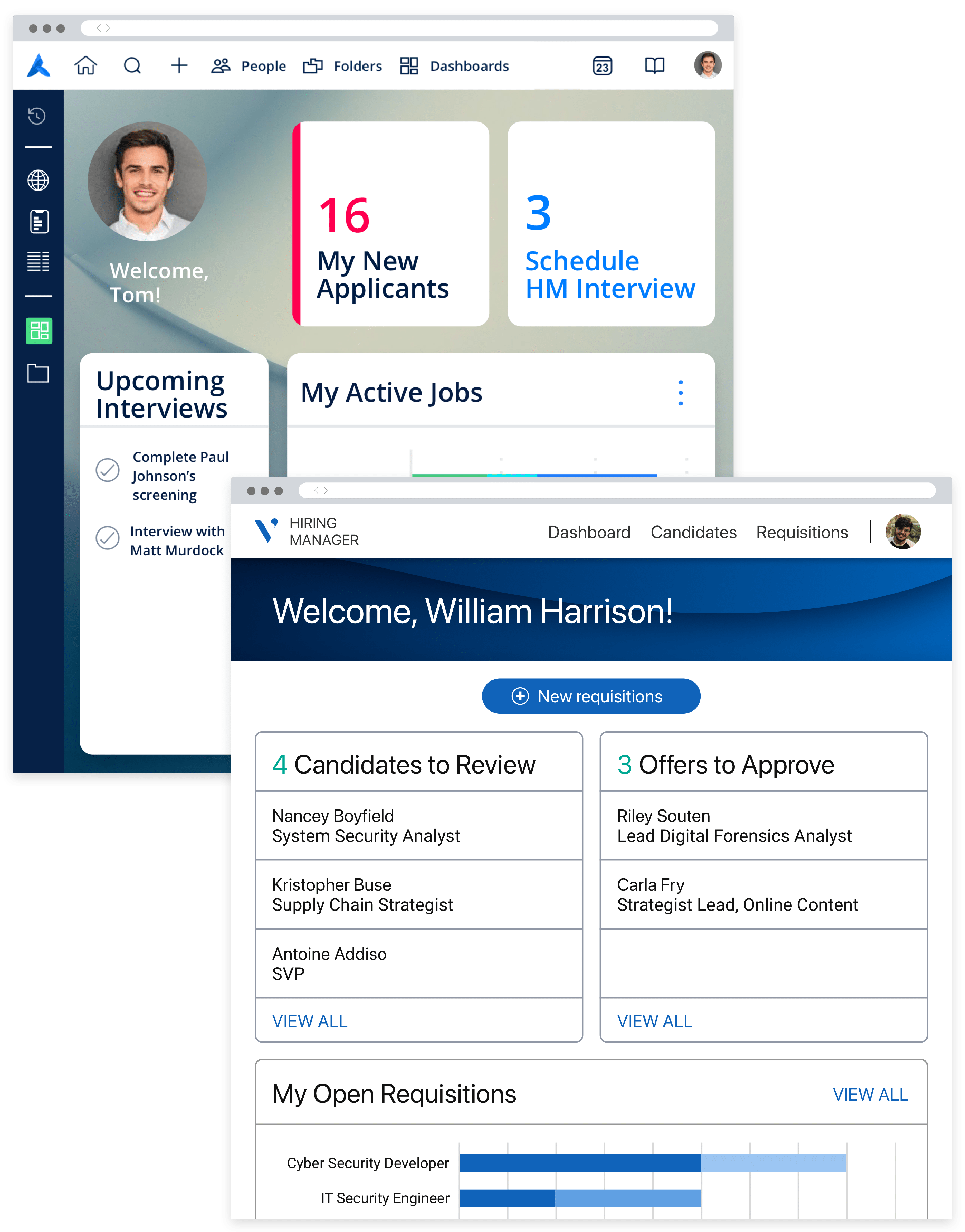 An ATS home page displaying recruiting tasks dashlets, and a hiring manager portal that shows a summary of pending tasks.