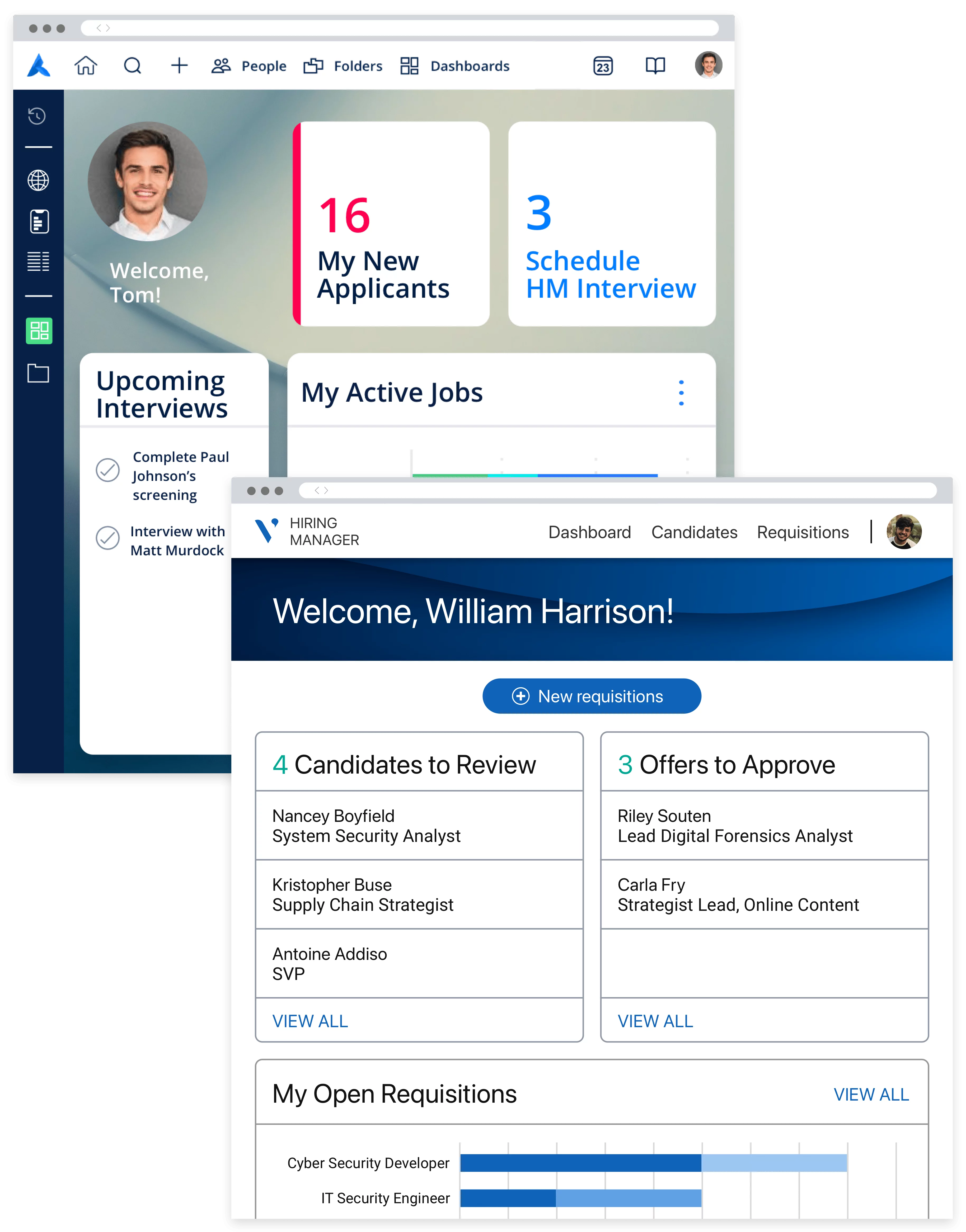 An ATS home page displaying recruiting tasks dashlets, and a hiring manager portal that shows a summary of pending tasks.