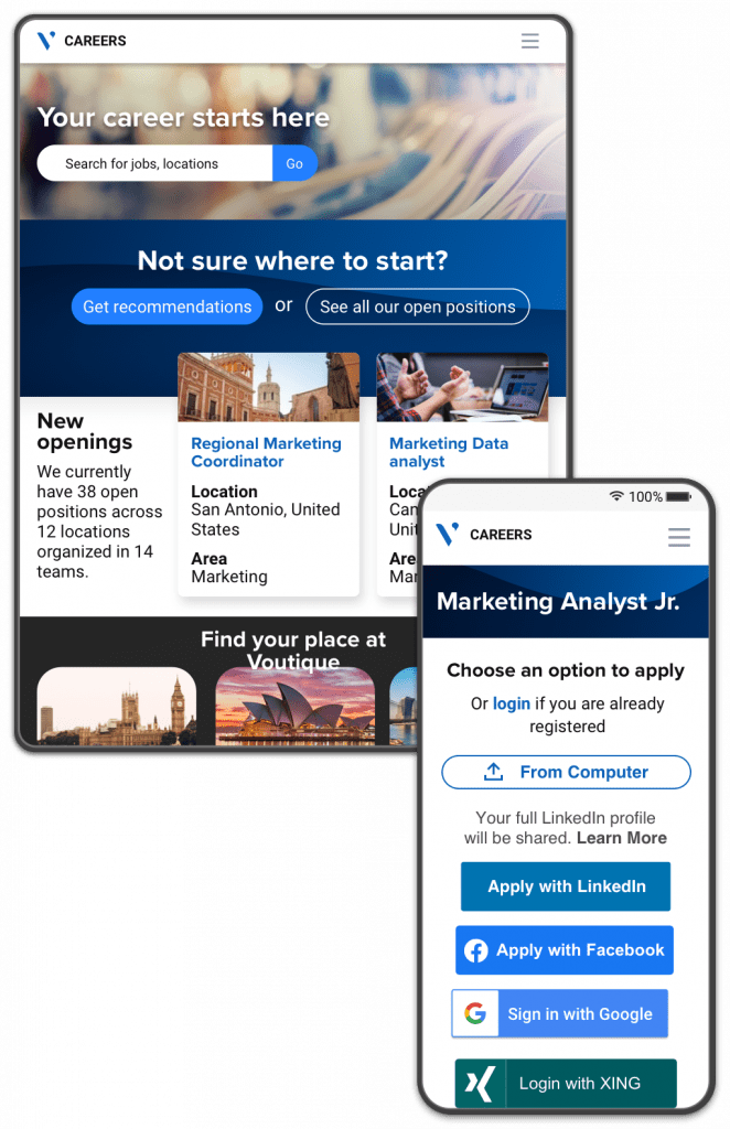 A career portal showing a search bar and new jobs, and a microsite containing multiple ways for a candidate to apply for a job.
