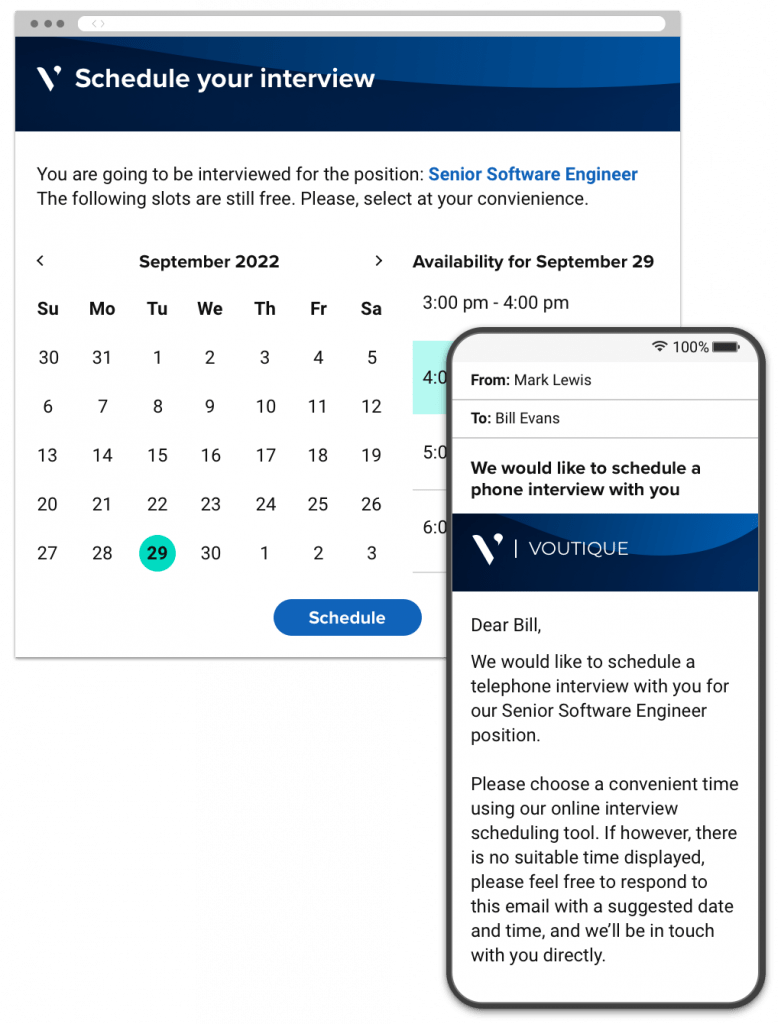 A scheduling portal showing a calendar and available interview time slots, and an email inviting a candidate to schedule an interview.