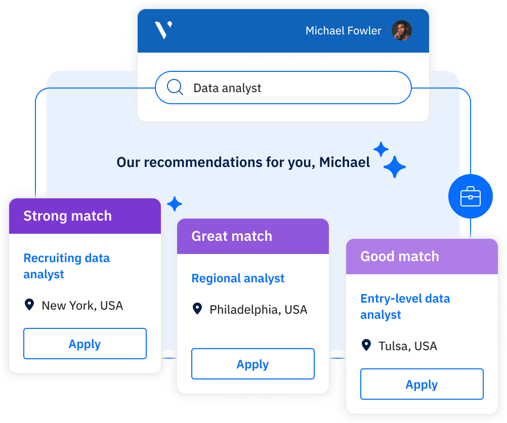 A career portal showing a search bar and new jobs, and a microsite containing multiple ways for a candidate to apply for a job.