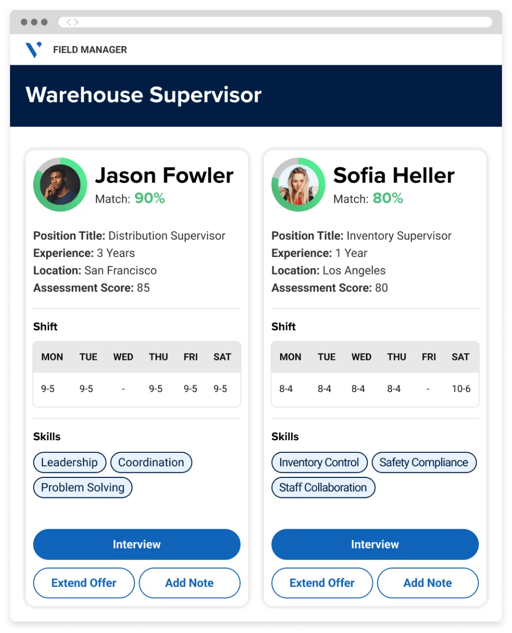 Screen shot comparing different candidates, with a matching score showing suitability to role based on skills and availability