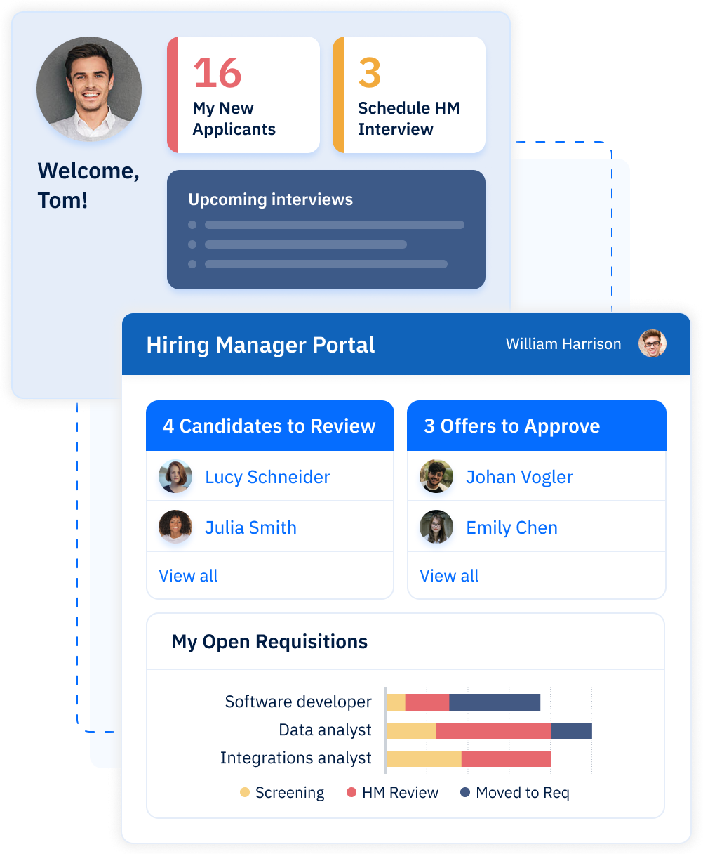 An ATS home page displaying recruiting tasks dashlets, and a hiring manager portal that shows a summary of pending tasks.