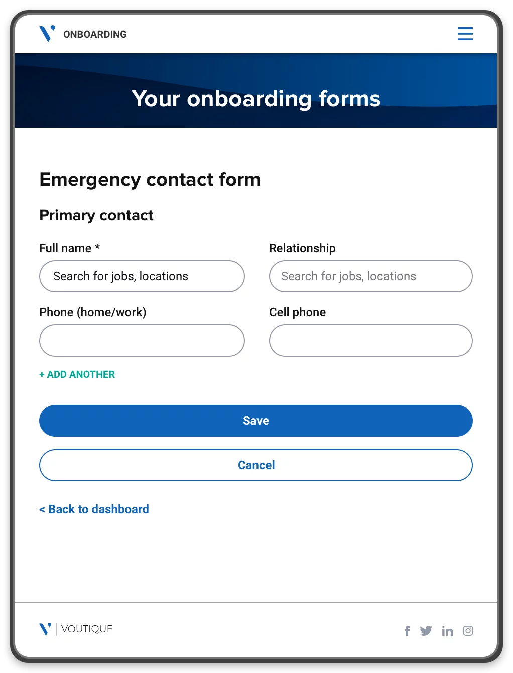 An onboarding portal showing an emergency contact form that the new hire can complete and save.