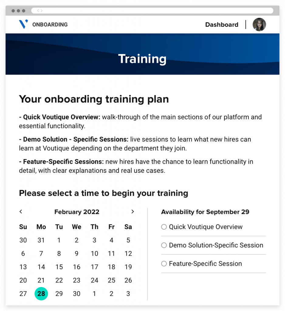 An onboarding portal showing a calendar and time slots for new hires to schedule training sessions for their training plan.