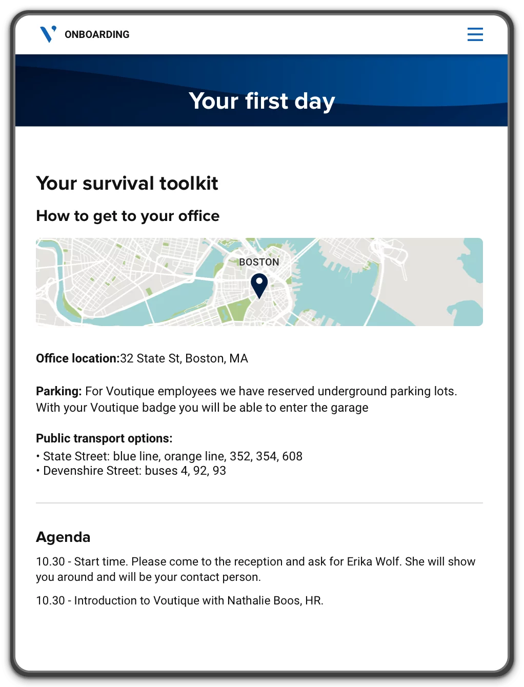 An onboarding portal with a map of the office's location, transportation and parking options, and the employee's itinerary.