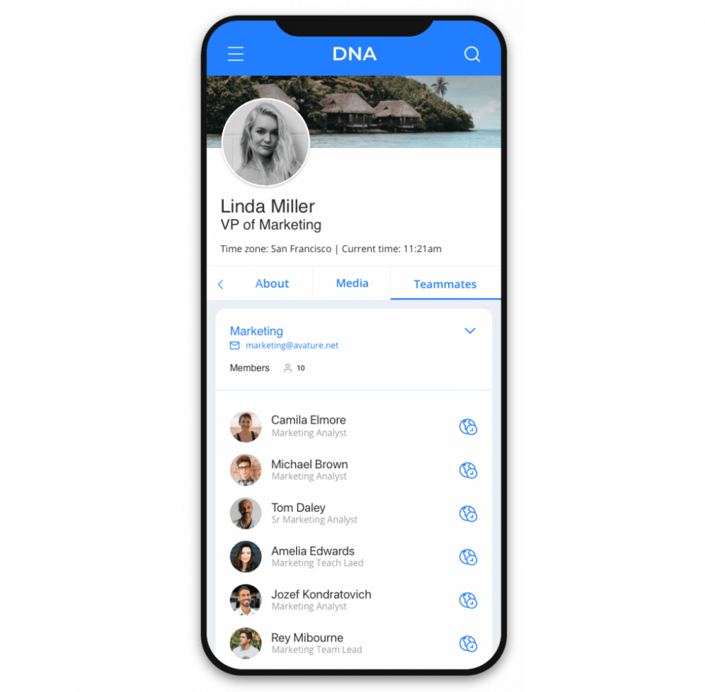 The mobile version of Avature DNA, showing a new hire's profile. They can interact with new teammates and with the organization.