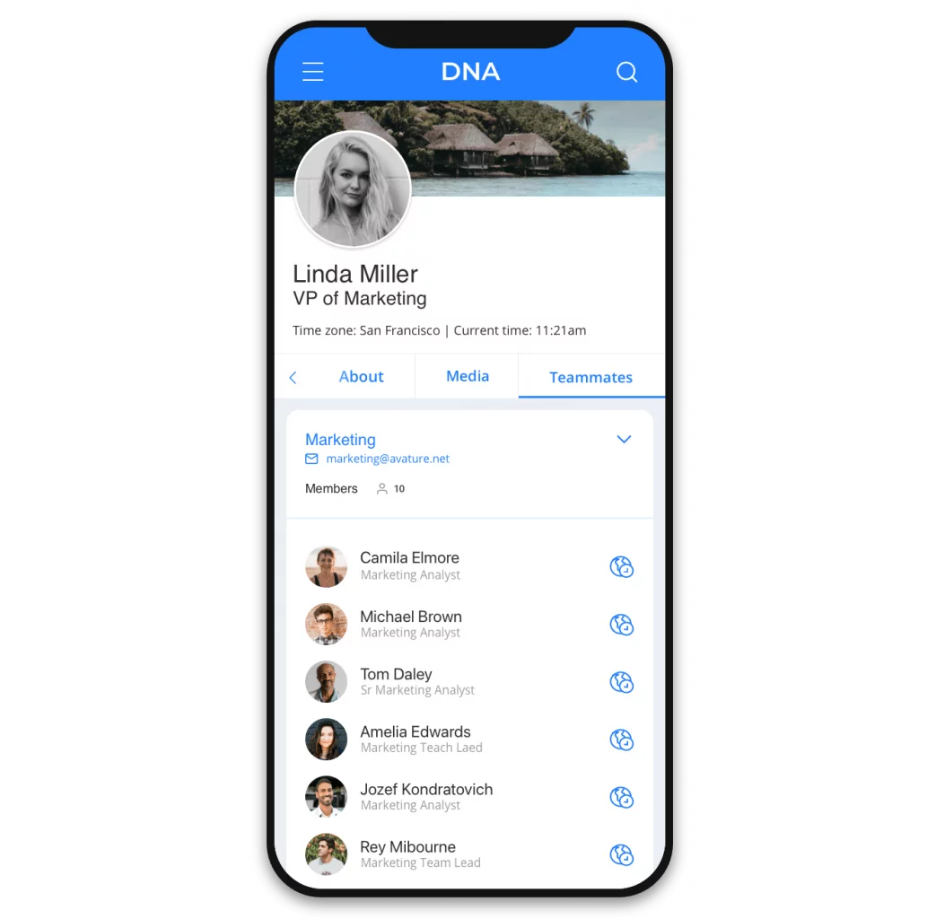 The mobile version of Avature DNA, showing a new hire's profile. They can interact with new teammates and with the organization.