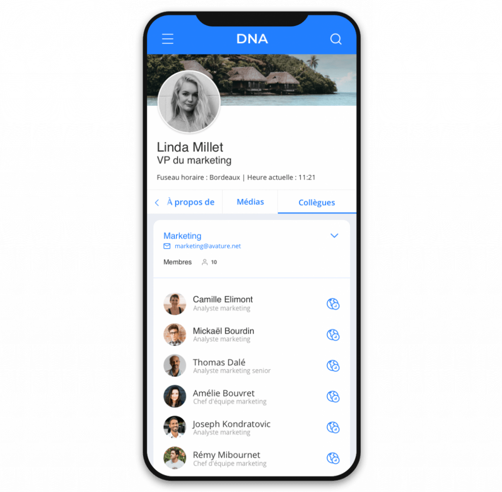 Version mobile d'Avature DNA présentant le profil d'un nouvel employé. Il peut interagir avec ses nouveaux coéquipiers et avec l'organisation.