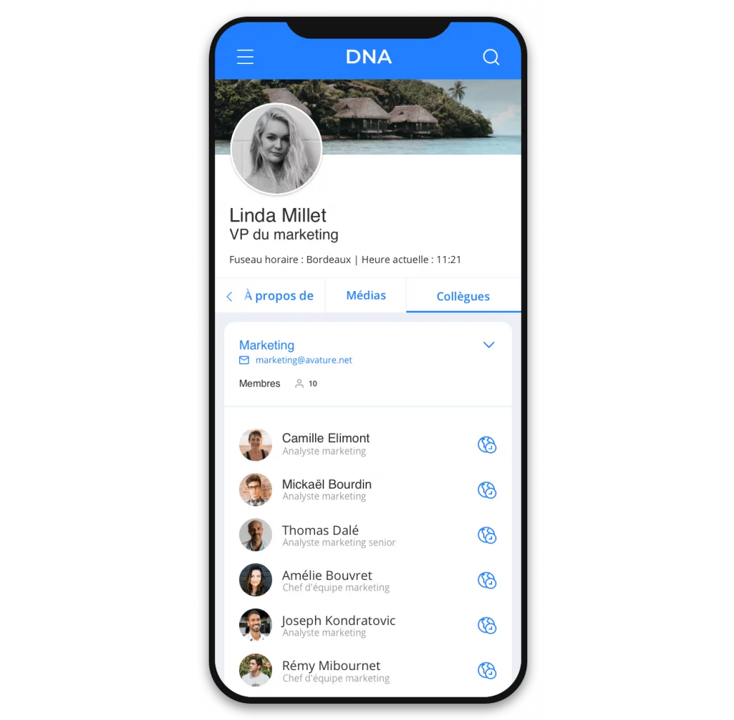 Version mobile d'Avature DNA présentant le profil d'un nouvel employé. Il peut interagir avec ses nouveaux coéquipiers et avec l'organisation.