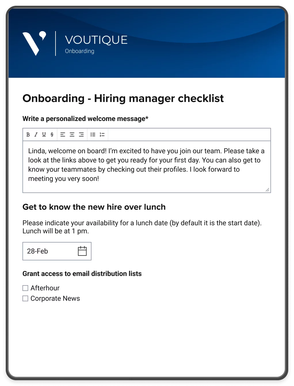 An onboarding portal where hiring managers can write a personalized welcome message and schedule a lunch date with new hires.