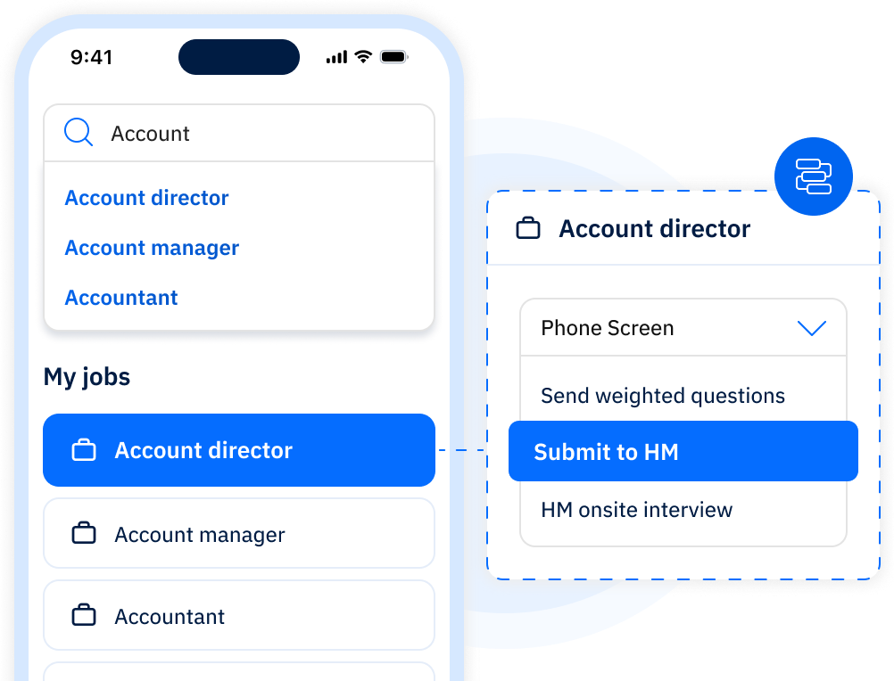 Image of the Avature's Recruiter mobile app showing how you can move a candidate's workflow step directly from the app.