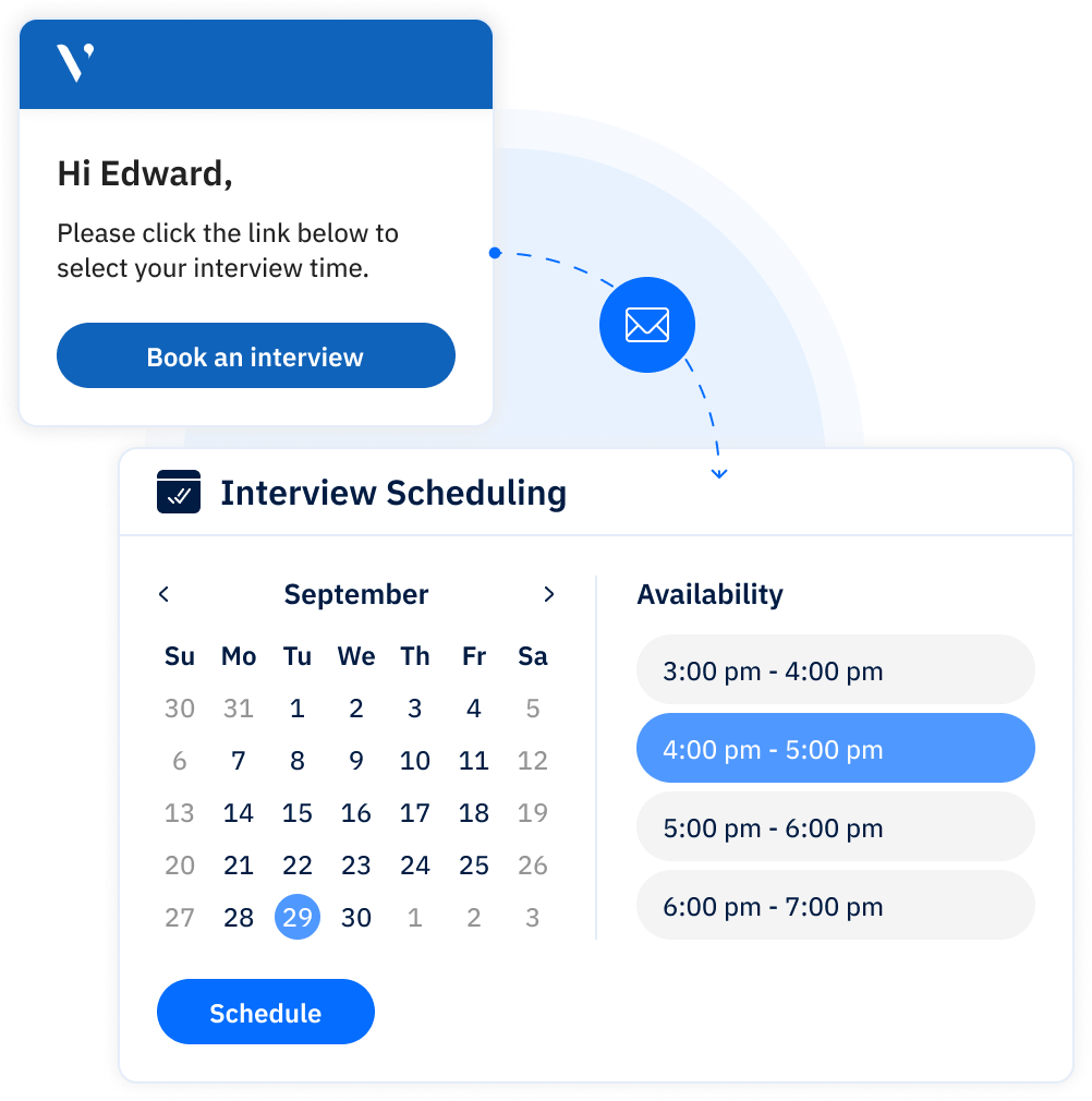 Combined image showing a phone displaying an email invitation to select interview time and calendar with open slots in the background