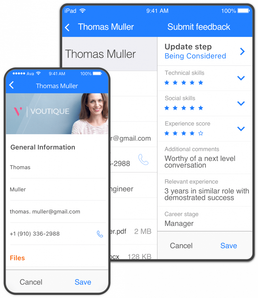 A mobile microsite with a candidate's general information, and a mobile app displaying a recruiter's feedback on a candidate.