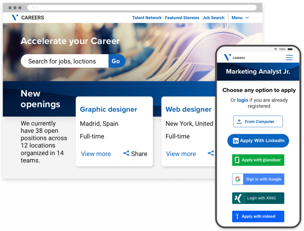 A portal to search and apply for jobs, and a mobile version of the portal with options to apply using social media accounts.