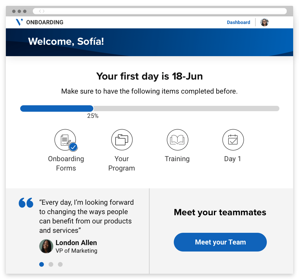 A portal showing info about the new hire's onboarding, a progress bar indicating their status, and a link to view teammates.