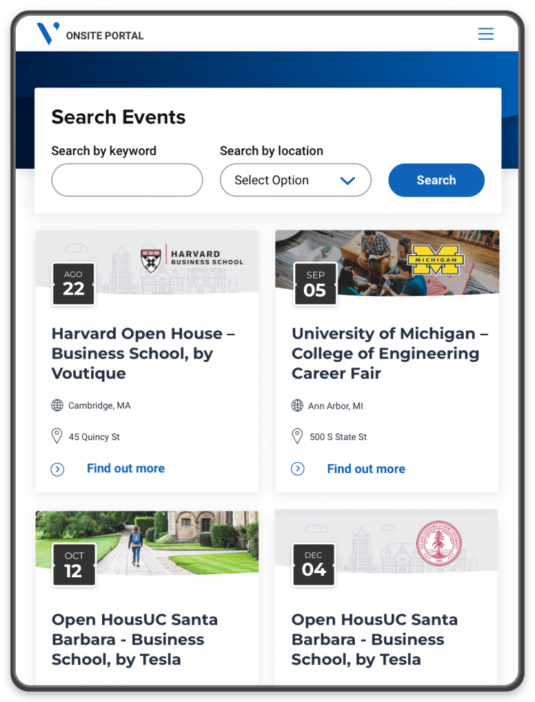 A portal showing events at different universities and a search bar to search for events by keyword and location.