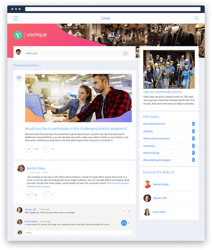 An Avature DNA home page, showing a feed of posts, as well as a list of hot topics, a skill endorsement section, and more.