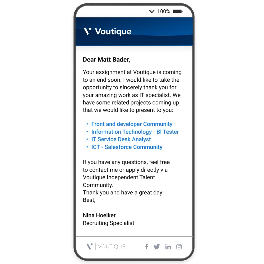 An email, opened on a mobile phone, thanking the recipient for their work and inviting them to apply to new assignments.