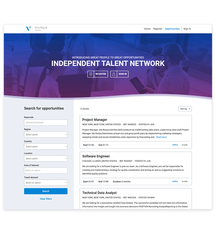 A company career site tailored to contingent workers, where they can use search filters to find and apply to jobs.