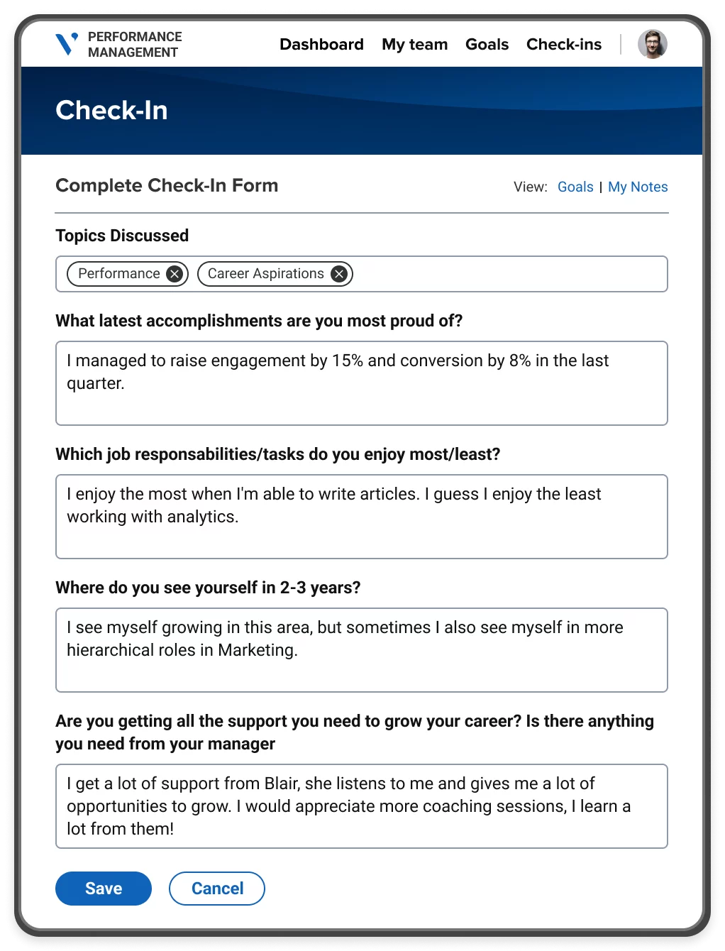 A performance management portal showing a performance self-evaluation form, with fields to complete about topics discussed.