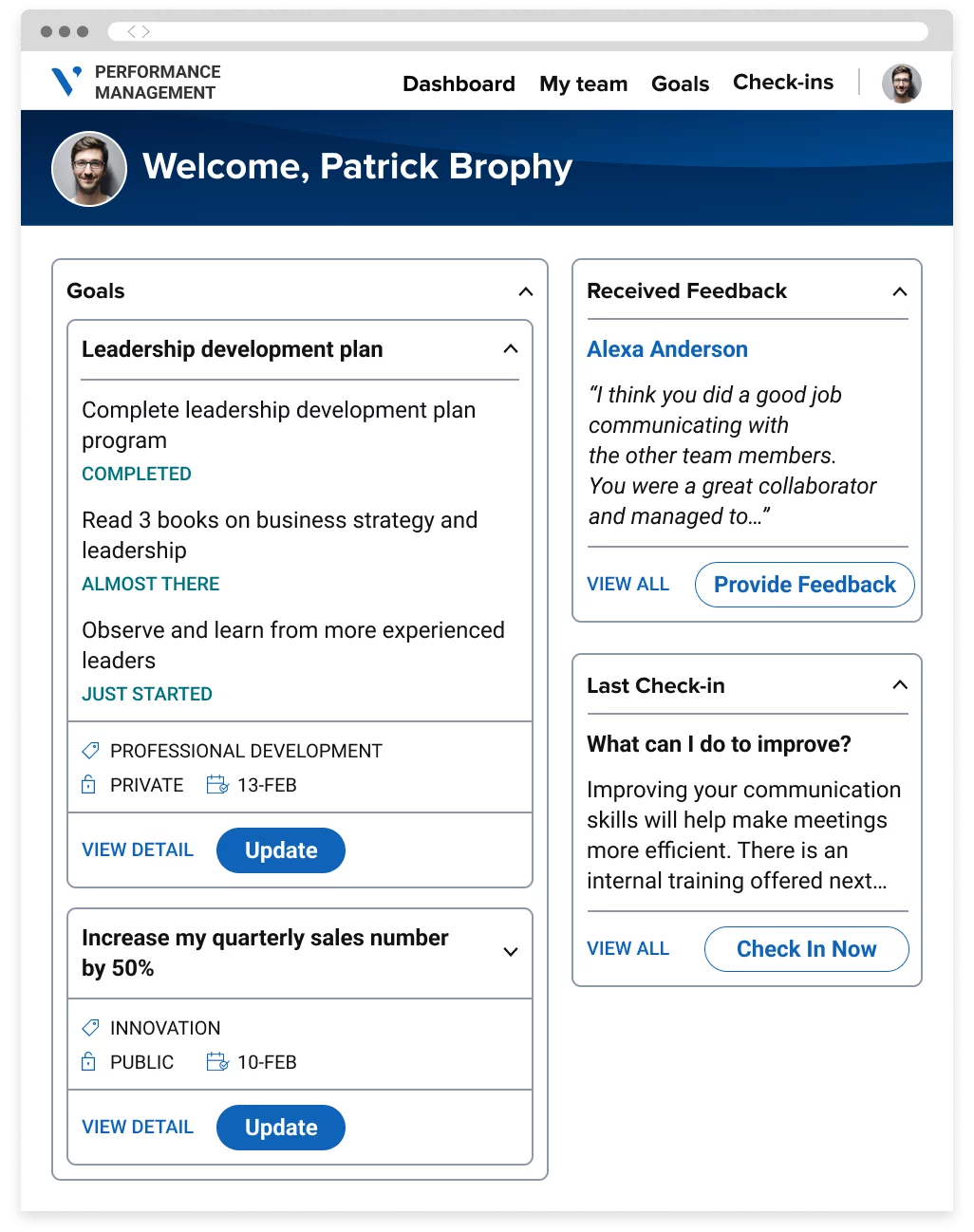 A performance management portal showing the employee's development plan, goals, and feedback.