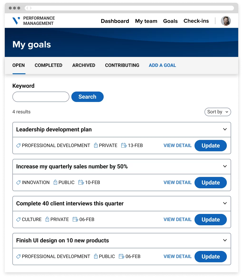 A performance management portal showing a list of personal goals. There are options to update them, search by keyword, and sort.