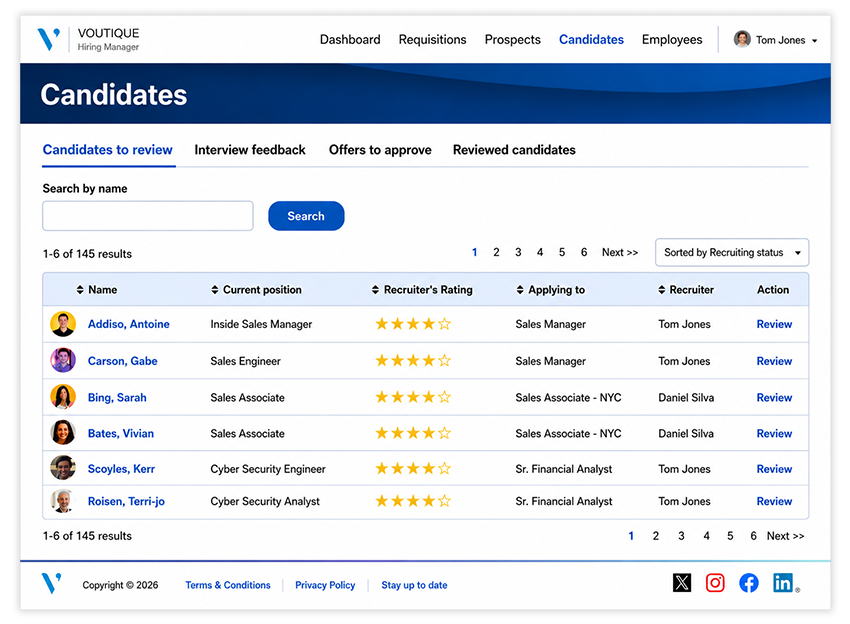 A hiring manager portal showing candidates for a position and displaying the profile information for each.