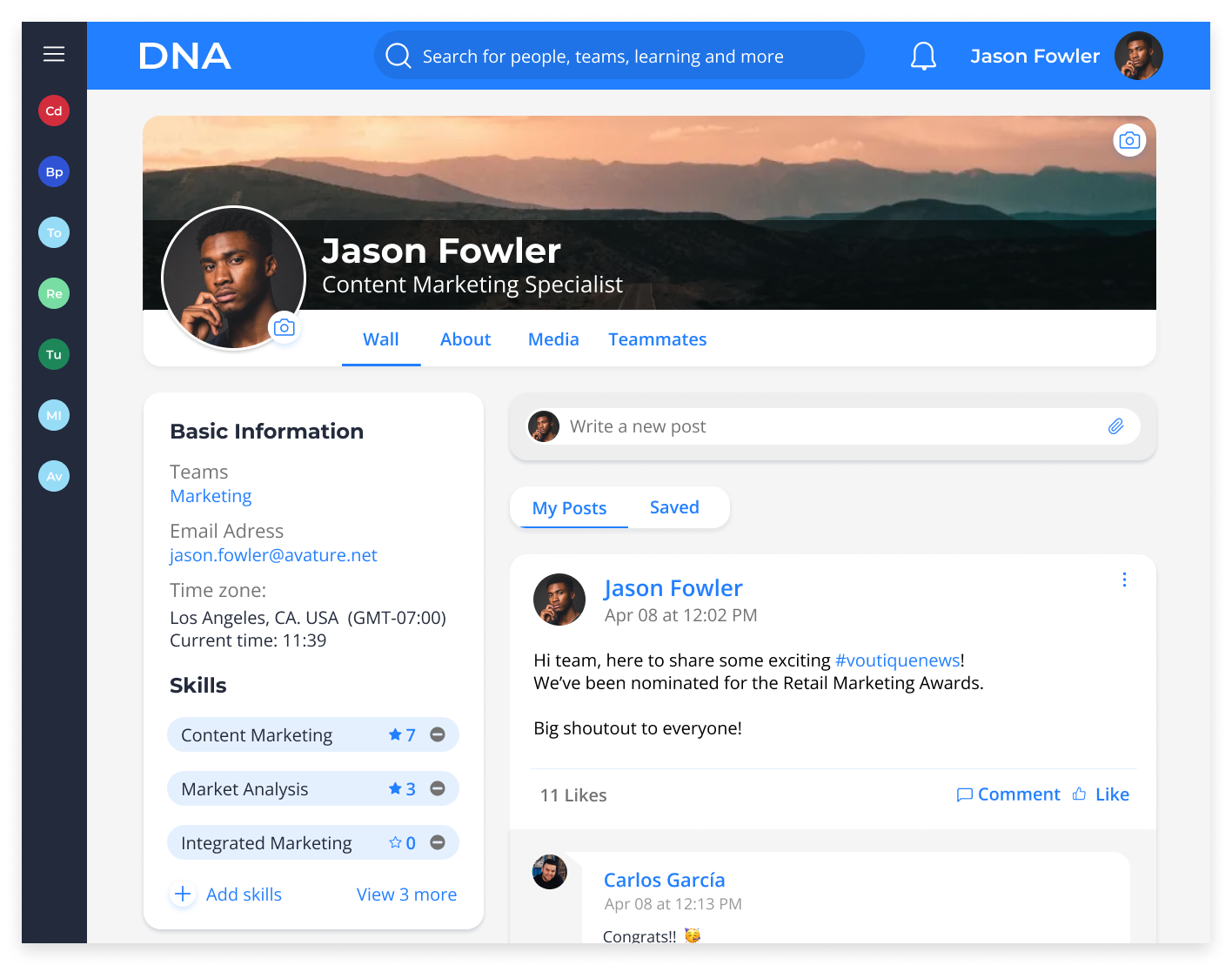 An Avature DNA page showcasing a user's profile and several posts where colleagues praise the user's performance on past projects.
