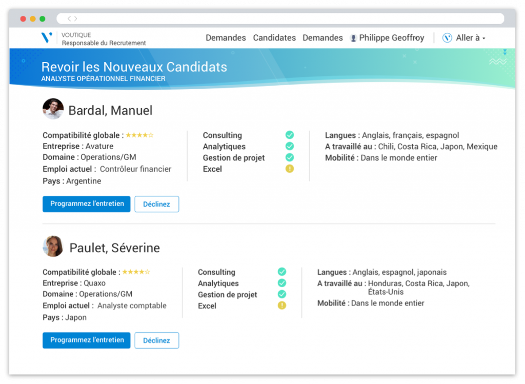 Portail de responsable de recrutement présentant deux candidats pour un poste et les informations de chaque profil.
