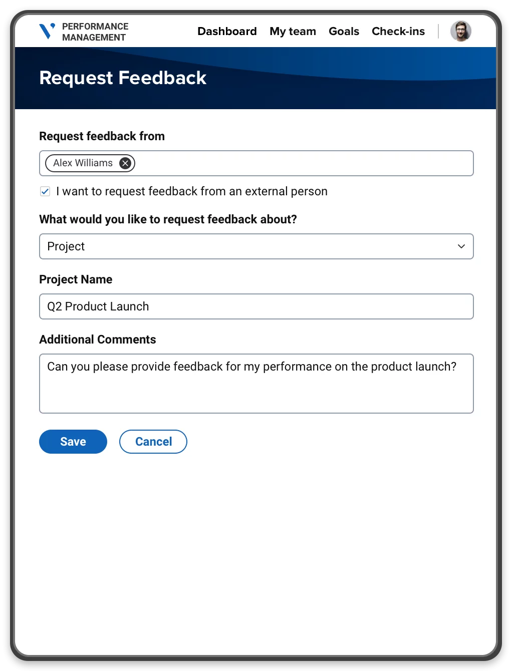 A feedback request form allowing users to ask for feedback from their coworkers, as well as about which project.