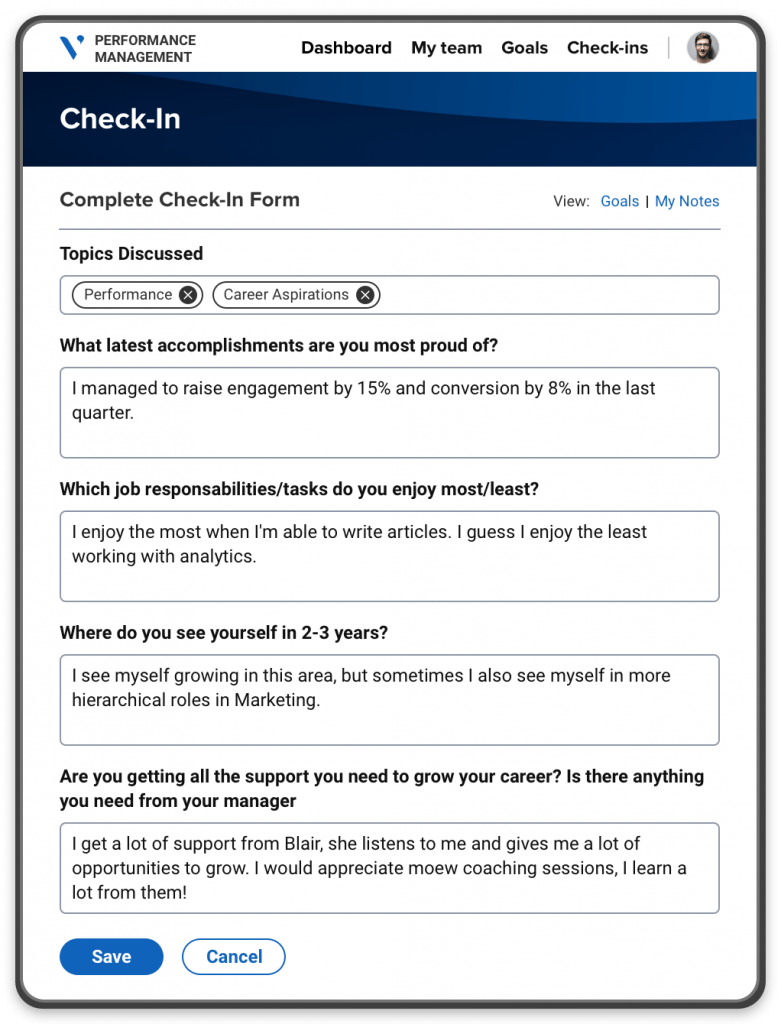 A performance management portal showing a performance self-evaluation form, with fields to complete about topics discussed.