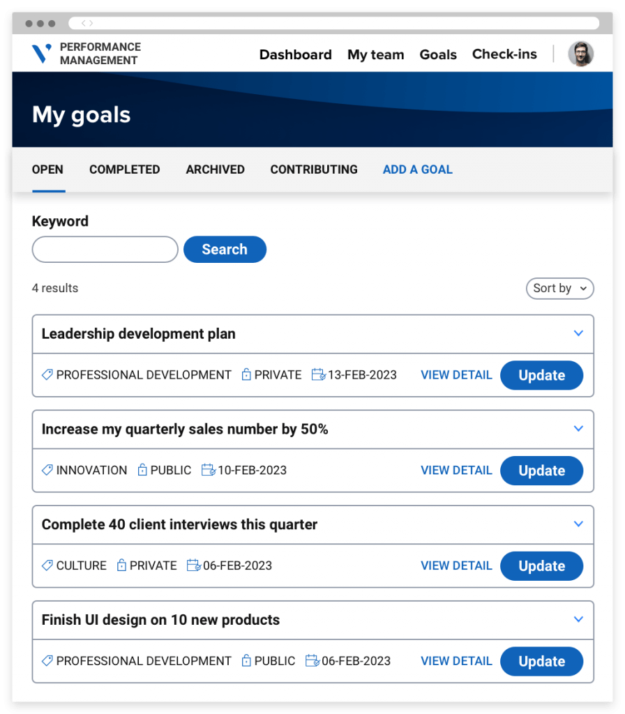 A performance management portal showing a list of personal goals. There are options to update them, search by keyword, and sort.