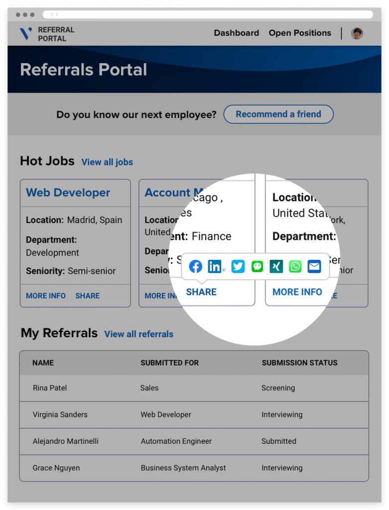 A referrals portal, highlighting the multiple sharing options of a prioritized job, including social media.