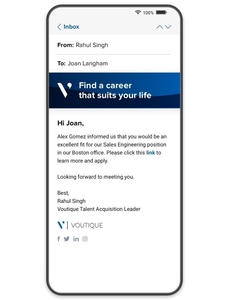 A mobile device showing an email notifying a candidate they were referred by an employee and inviting them to apply for a job.