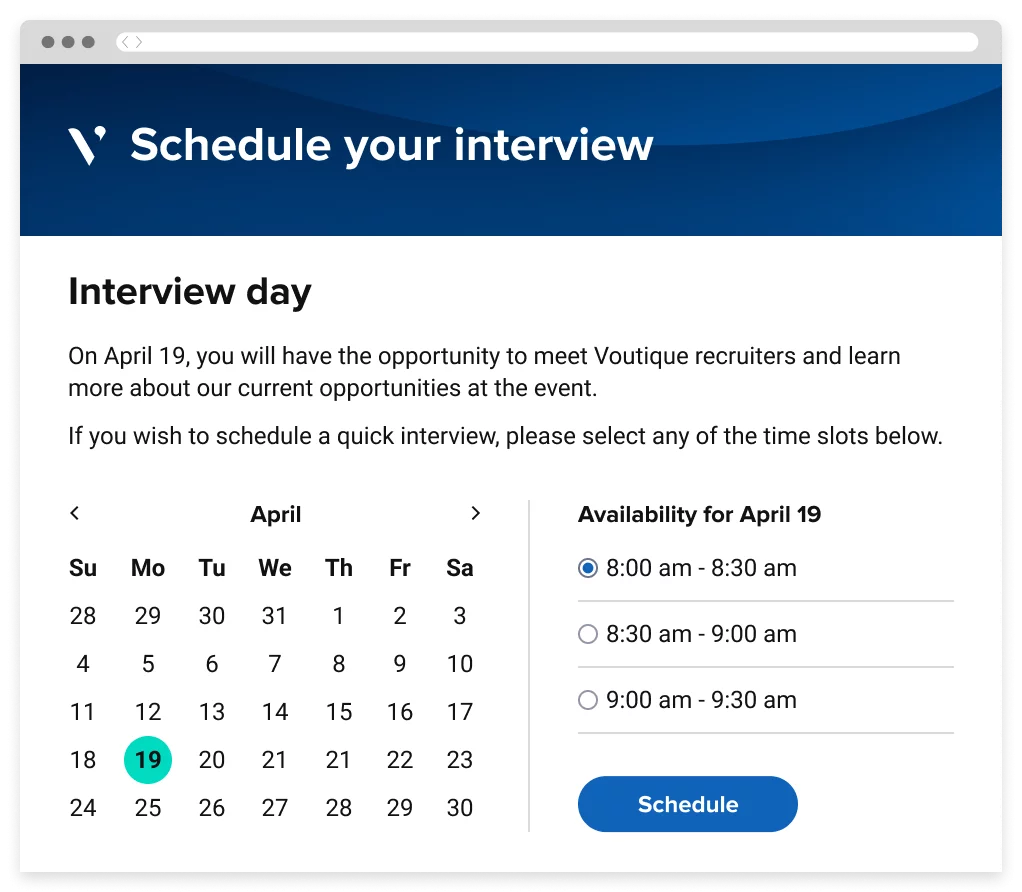 An interview scheduling portal, displaying a calendar and available time slots for a candidate to schedule an interview.