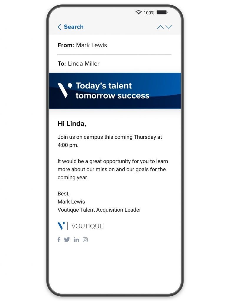 A mobile phone showing an e-mail inviting a candidate to attend a campus event.