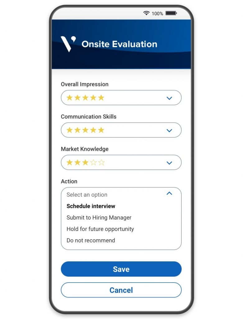 The events mobile app, displaying a candidate evaluation form and possible next steps including scheduling an interview.