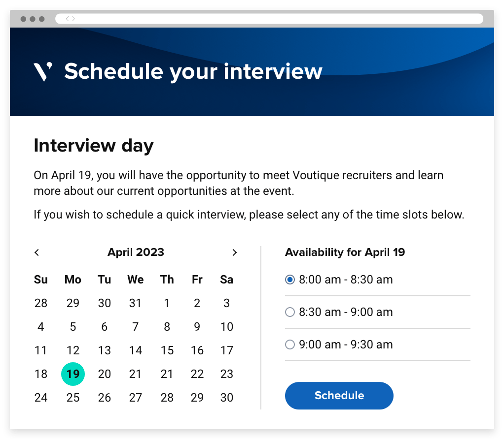 An interview scheduling portal, displaying a calendar and available time slots for a candidate to schedule an interview.