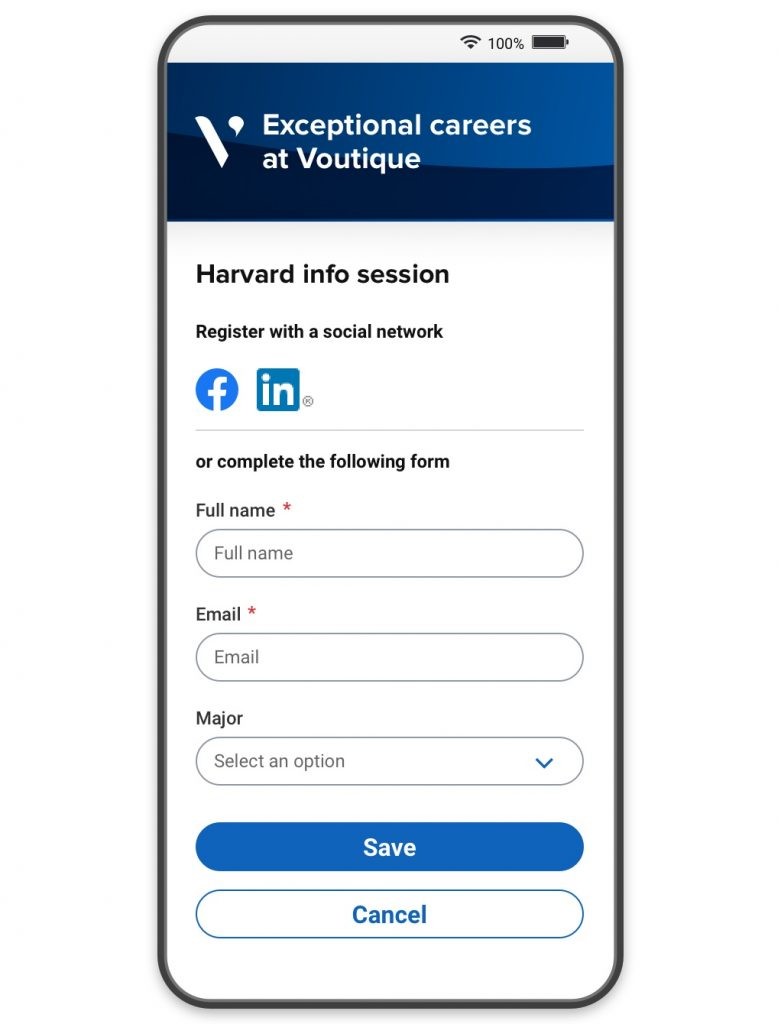 A mobile device showing an event registration portal that allows registration using facebook and linkedin, or by manually completing a form.