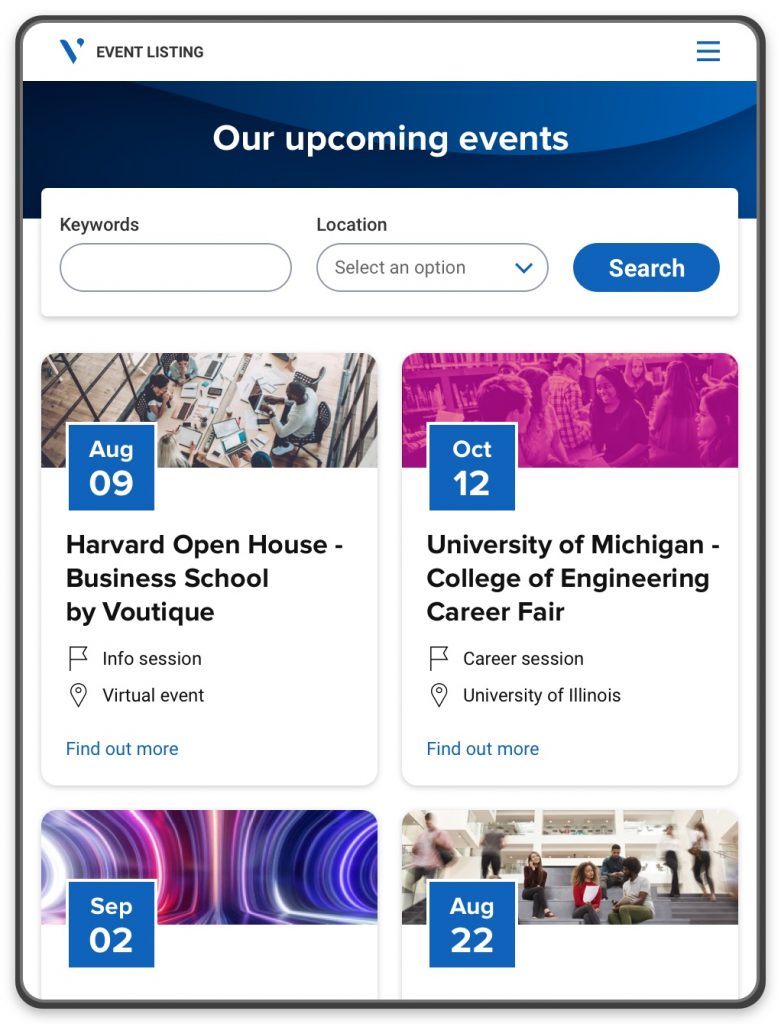 A mobile onsite portal, listing upcoming events and the option to search for events by typing keywords or using a location filter.