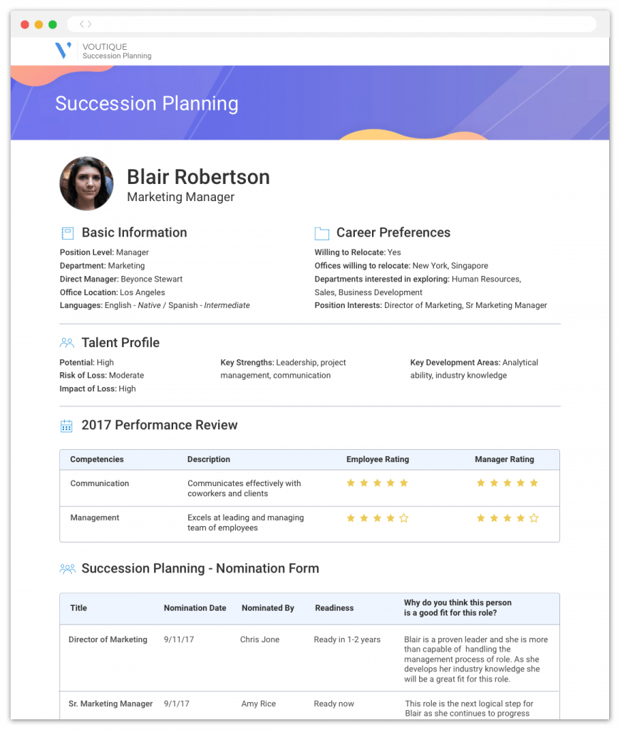 An employee profile for succession planning, showing basic information, career preferences, performance reviews and nominations.