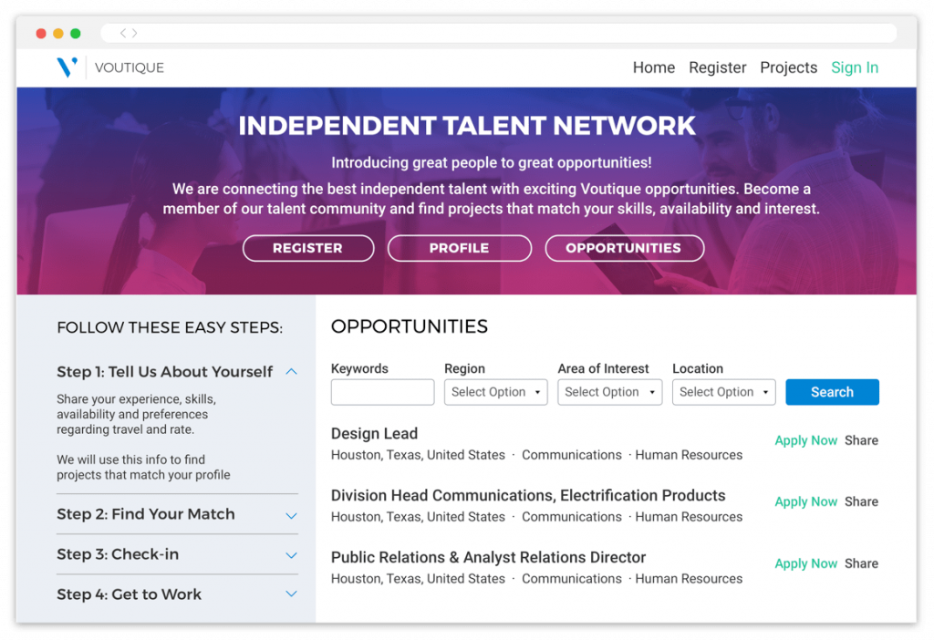 A company career site tailored to contingent workers, where they can use search filters to find and apply to jobs.