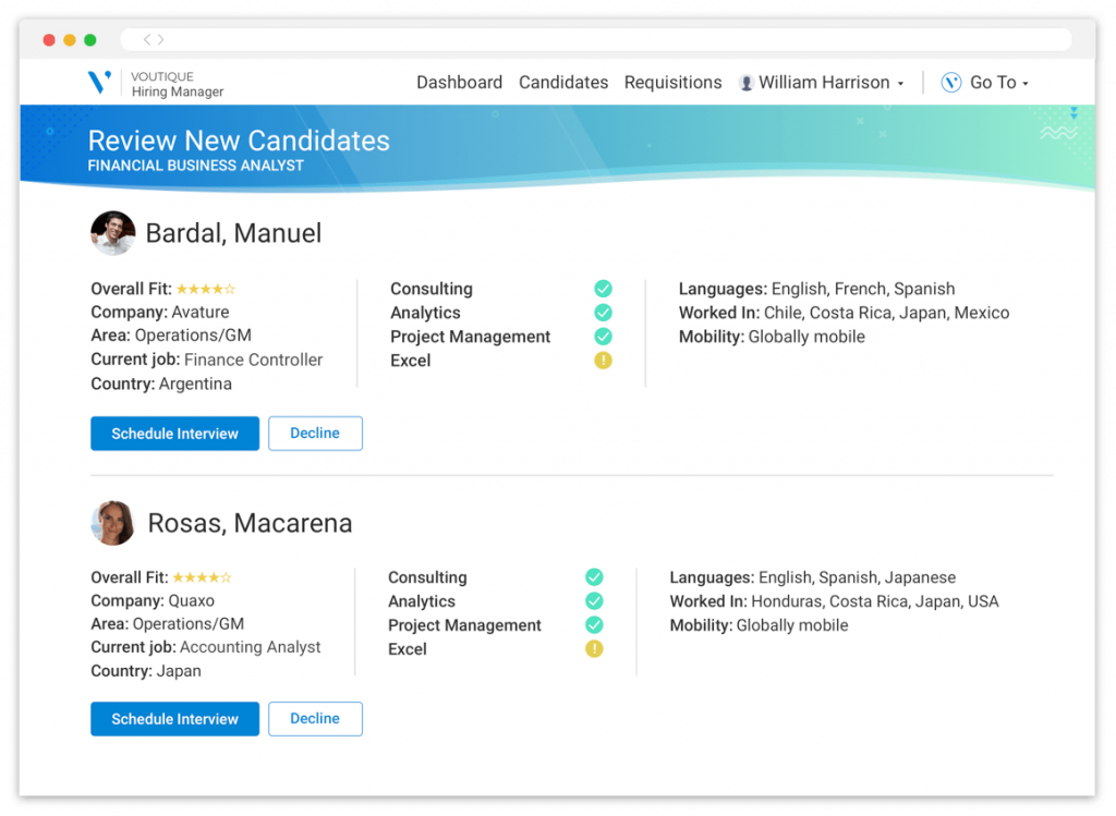 A hiring manager portal showing two candidates for a position and displaying the profile information for each.