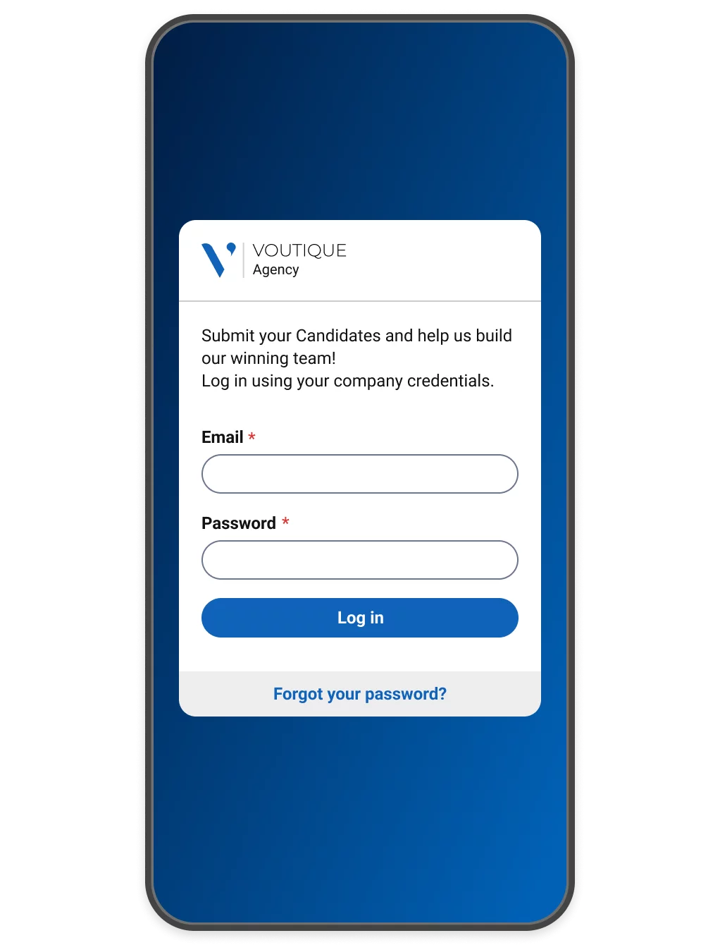 The log-in page for a mobile portal where agencies can submit candidates.