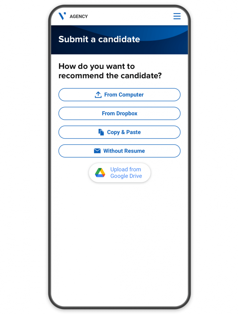 A mobile portal showing multiple ways of uploading a resume to recommend a candidate.